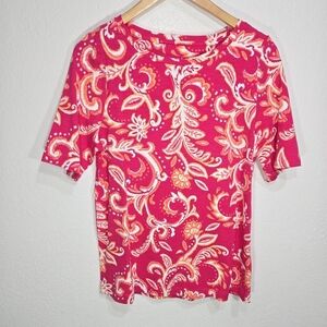 Soft Surroundings Large Pink Orange Floral Short Sleeve Stretchy Comfy Shirt